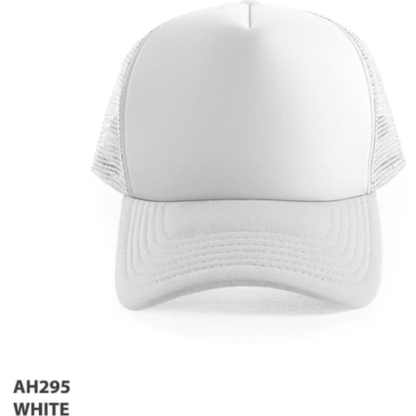 A white Polymesh trucker cap featuring a solid front and mesh sides, including a logo on the front.