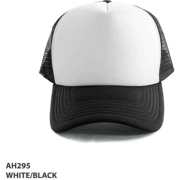 A white and black Polymesh Trucker Cap featuring a curved brim and mesh back, with a logo on the front.