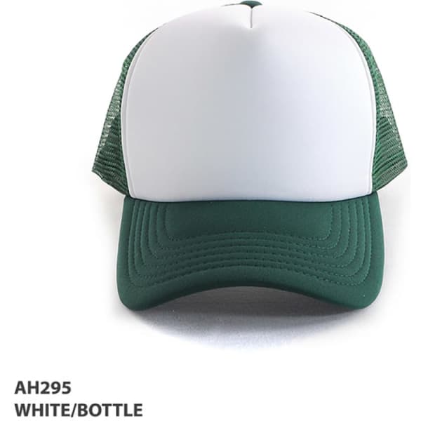 A green and white Polymesh Trucker Cap featuring a solid front panel and mesh sides, with a logo present.