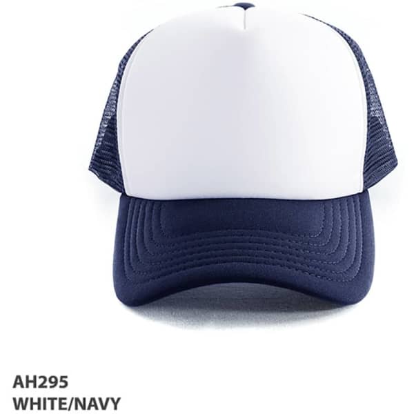 A Polymesh Trucker Cap in white and navy, featuring a solid front panel and mesh sides. Includes a branding logo.