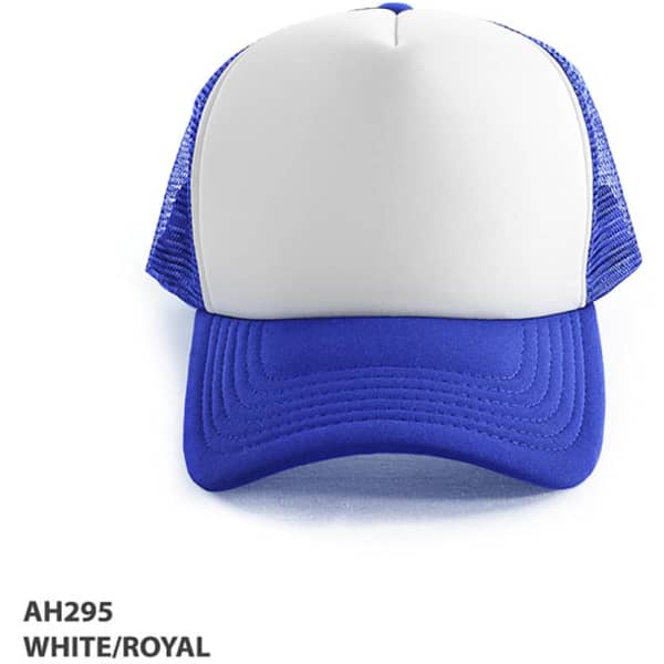 A white and royal blue Polymesh Trucker Cap with a solid front panel and mesh sides.