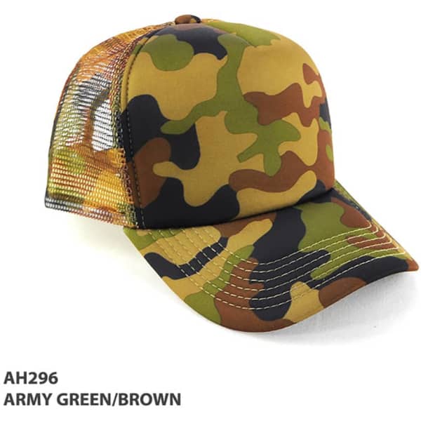 A camouflage trucker cap in army green and brown, featuring a mesh back and a logo on the front.