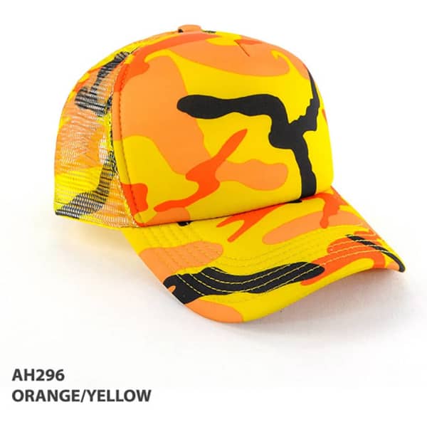 A camouflage trucker cap in vibrant orange, yellow, and black with a mesh back and a logo.
