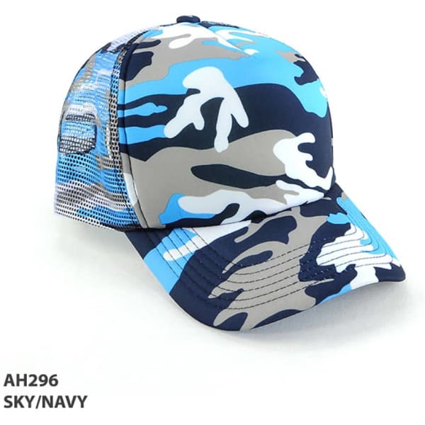 A camouflage trucker cap featuring shades of sky blue, navy, grey, and white, with a mesh back and a logo.