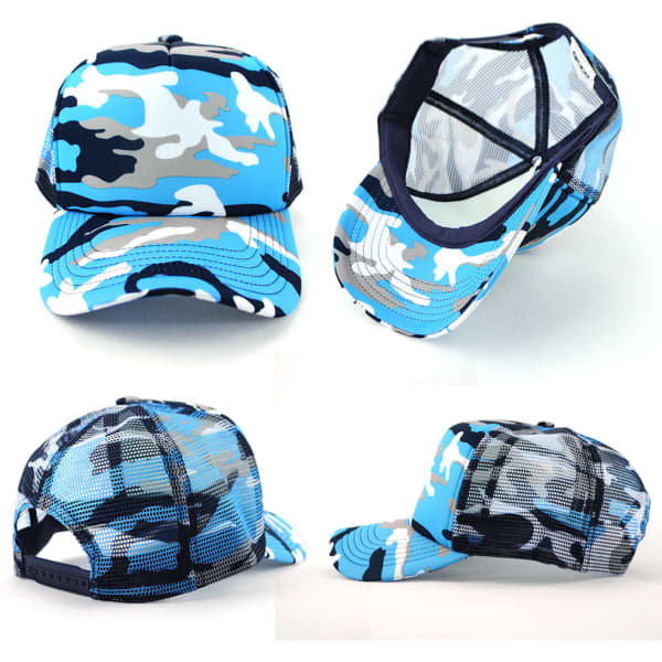 A camouflage trucker mesh cap in blue tones, featuring a mesh back and a curved brim. It includes a logo.
