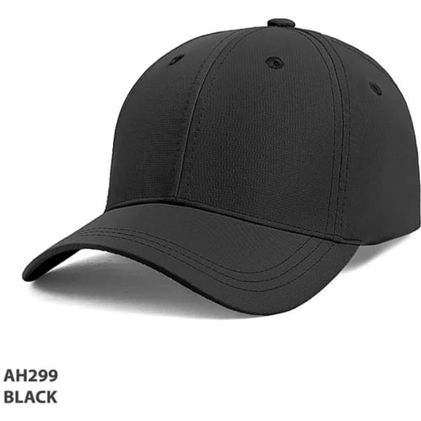 A black cap made from ripstop material, featuring a rounded crown and a curved peak, with an attached logo.