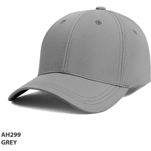 A grey cap with a structured design and a curved brim, featuring a logo on the front.