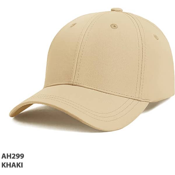 A khaki cap made from ripstop material, featuring a structured design and a logo on the front.