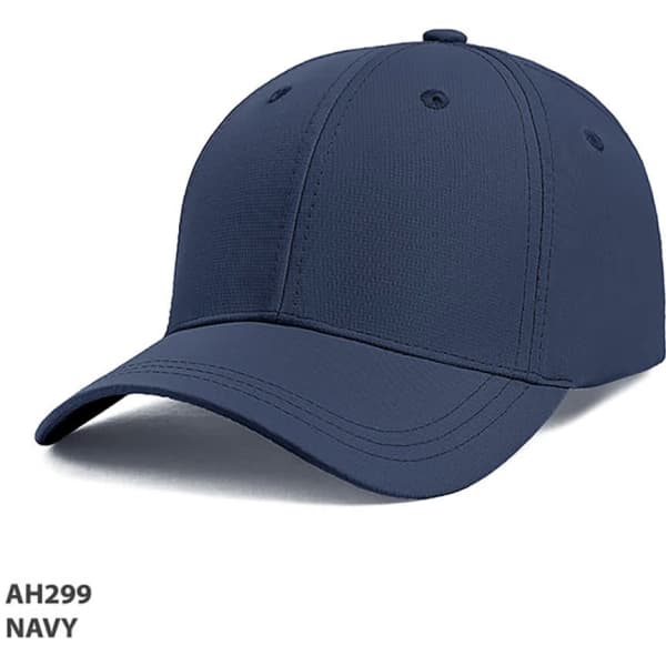 A navy blue cap with a structured design, featuring a logo on the front and ventilation eyelets.
