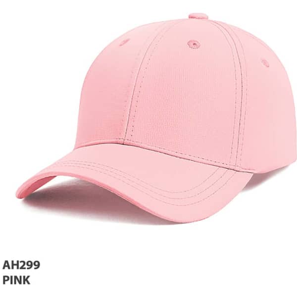 A pink cap with a structured crown and curved brim, featuring a logo on the side.