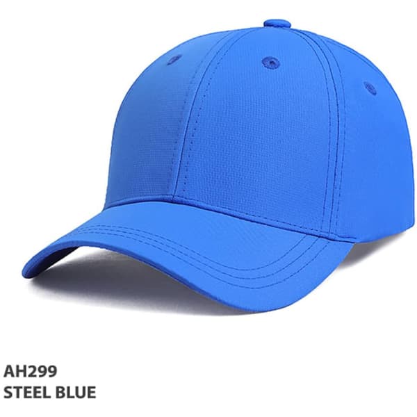 A blue cap with a curved brim, featuring a logo on the front and a textured surface.