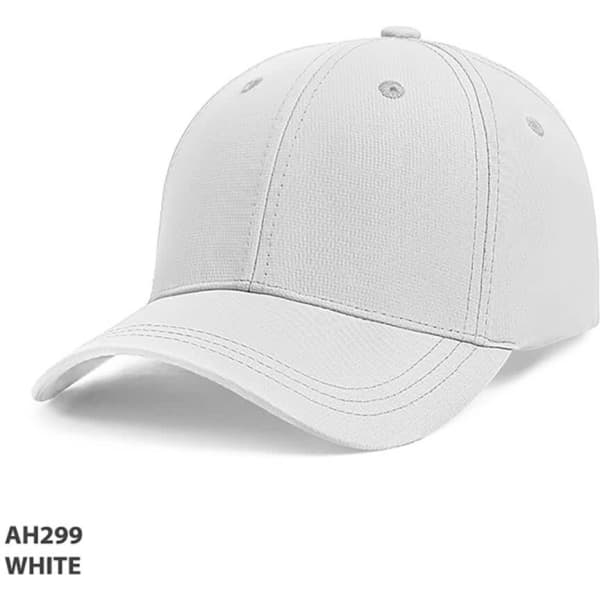 A white cap made from ripstop material, featuring a structured design and a logo on the front.