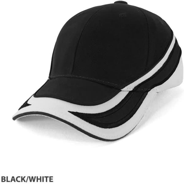A black and white cap with a curved peak and a logo, featuring a sporty design.