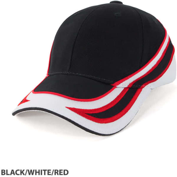 A black, white, and red cap with a stylish design and a logo on the front.