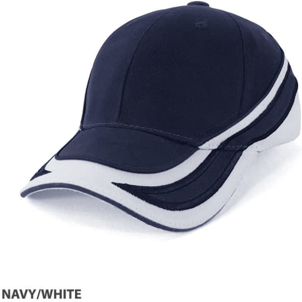 A navy and white cap with a curved peak and a branded logo on the front.