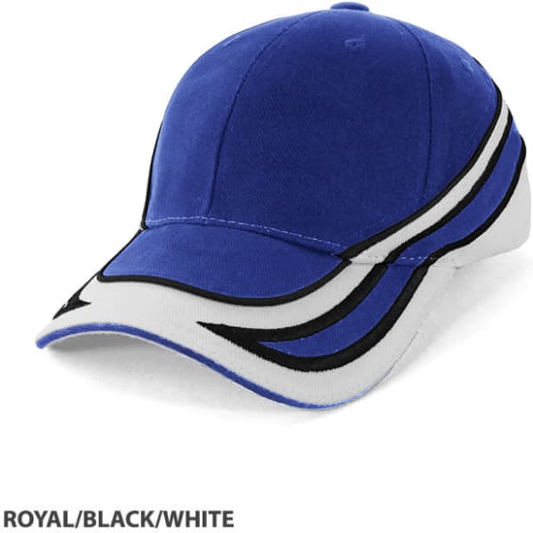 A blue, black, and white cap with a curved peak and a logo on the front.