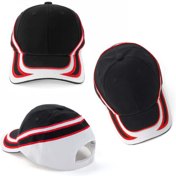 A black cap with red and white accents, featuring a curved brim and a logo on the front.