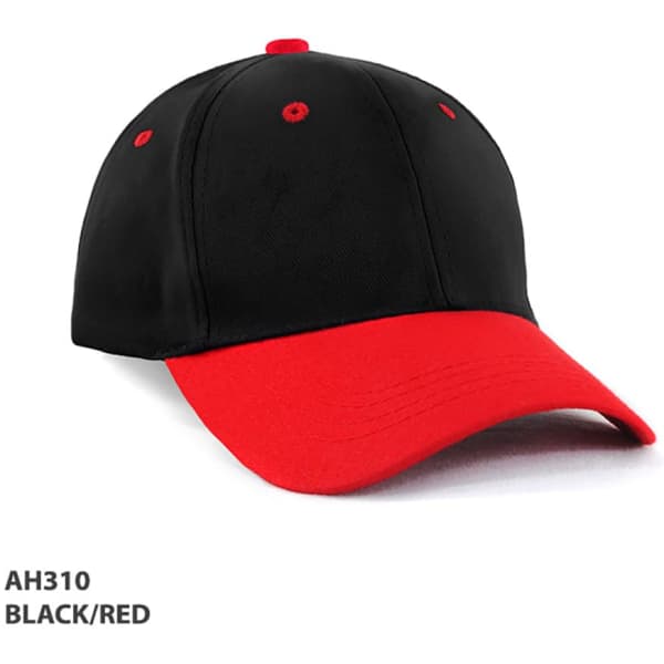 A two-tone cap with a black top and a red brim, featuring a logo on the front.