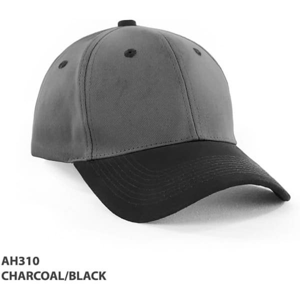 A charcoal and black two-tone cap featuring a logo on the front and six-panel design.