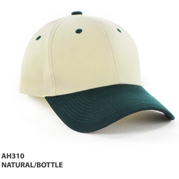 A two-tone cap in natural and bottle green colours, featuring a logo on the front.