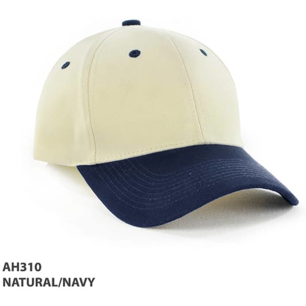 A two-tone cap in natural and navy colours, featuring a front peak and a logo.