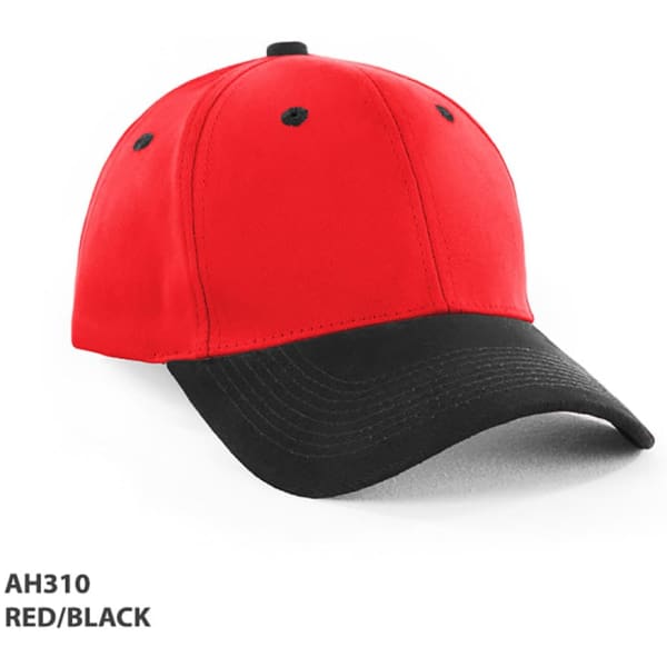 A red and black two-tone cap featuring a curved peak and six ventilation eyelets. The cap has a logo.