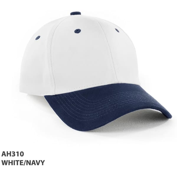 A two-tone cap in white and navy, featuring a baseball-style design and a logo on the front.