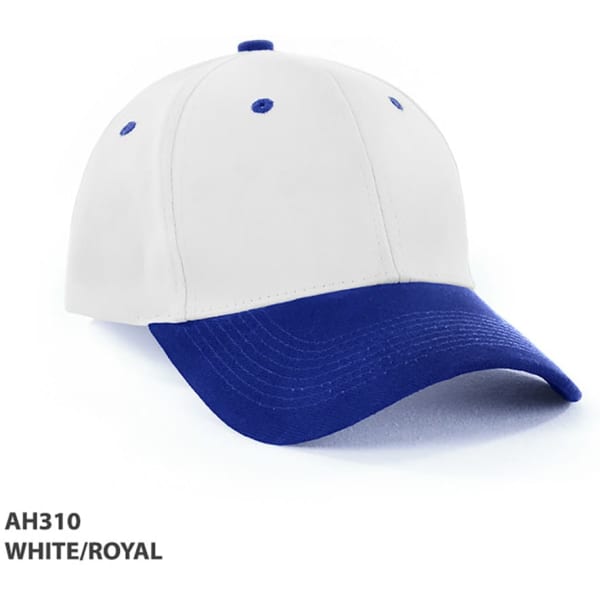 A two-tone cap featuring a white crown and a royal blue peak, with a logo on the front.