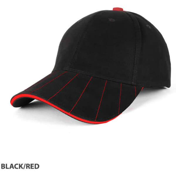A black cap with red accents and stitching, featuring a curved visor and a branding logo.