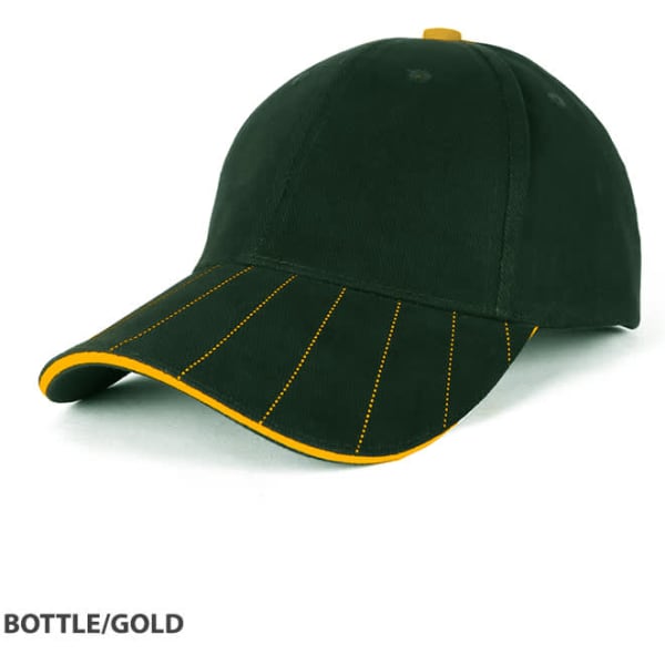 A dark green cap with gold accents and stitching, featuring a curved brim and a logo.