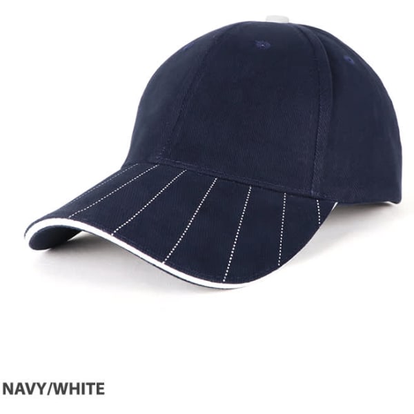 A navy and white cap featuring a curved brim and decorative stitching. It has a logo on the front.