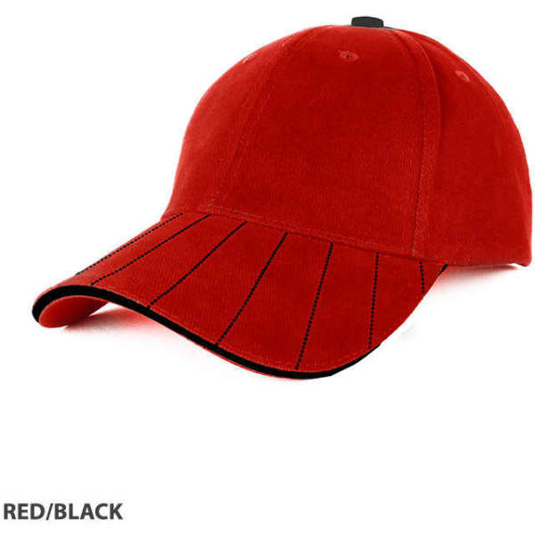 A red and black cap with a curved brim and decorative stitching, featuring a logo on the front.