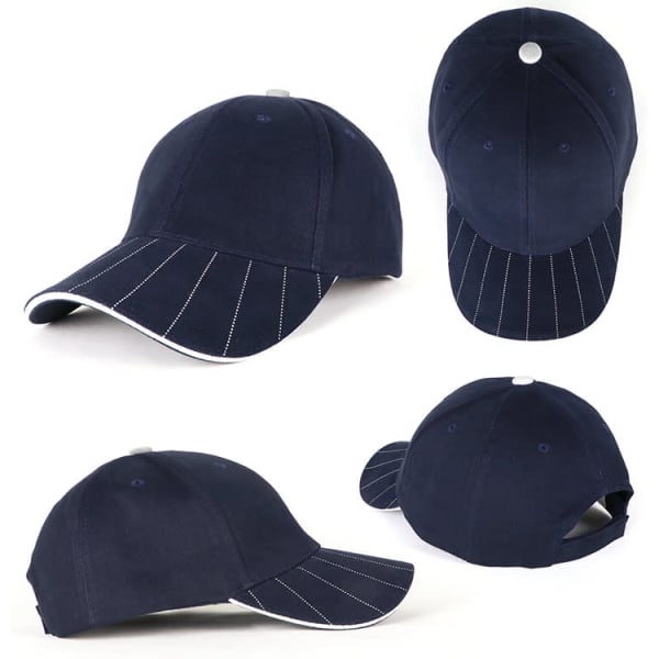 A navy cap featuring white stitching and a logo, shown from multiple angles.
