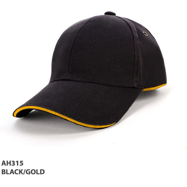 A black cap with gold surround piping and an eyelet, featuring a logo. Ideal for headwear promotion.