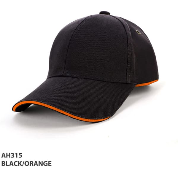 A black cap with orange piping, featuring an adjustable strap and a logo on the side.