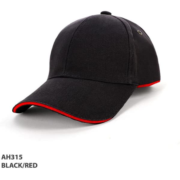 A black cap with a red piping detail, featuring a logo on the side.