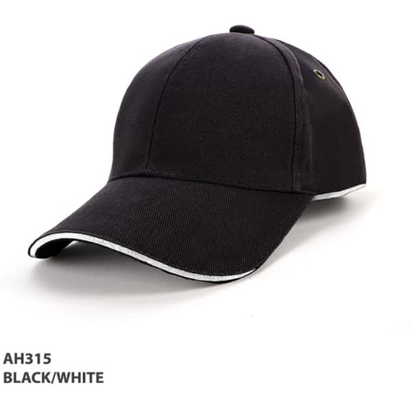 A black and white cap featuring surround piping and a branded logo.