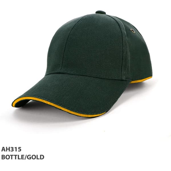 A bottle green cap with gold piping, featuring a logo on the side.