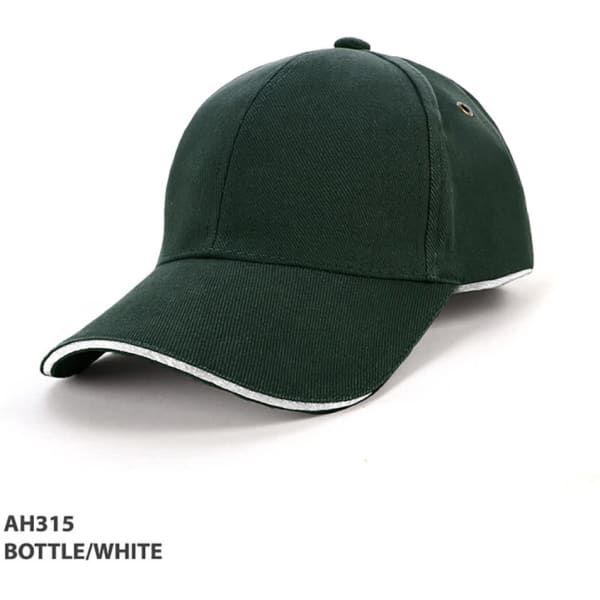 A bottle green cap with white piping and a logo on the side, designed for headwear.