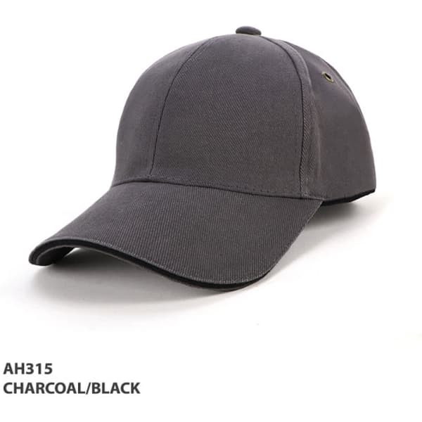 A charcoal and black cap with a curved brim and a logo on the side.