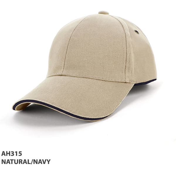 A beige cap with navy surround piping and a branded logo on the front.