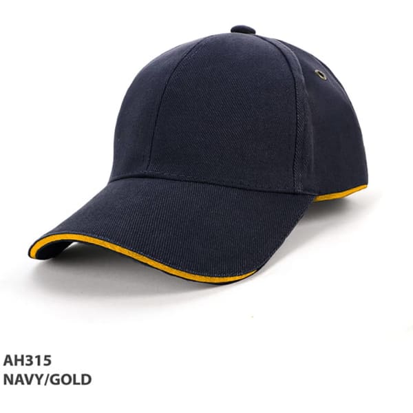 A navy cap with gold piping and an eyelet, featuring a logo on the side.