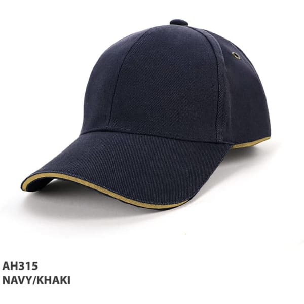 A navy and khaki cap with surrounding piping and a logo on the front.