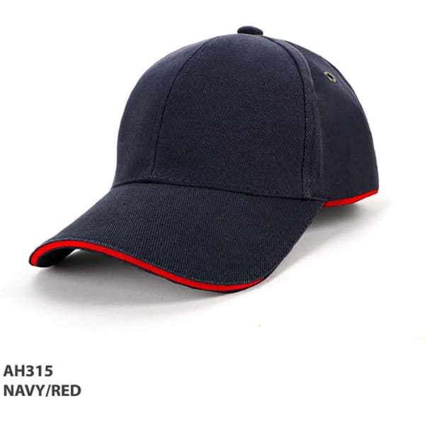 A navy and red cap with a curved brim and a small logo on the side.