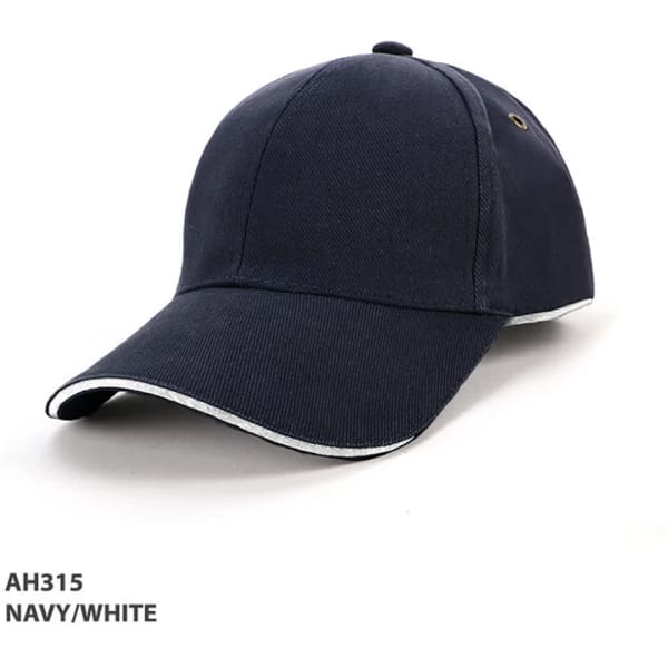 A navy and white cap featuring a subtle piping detail and a logo on the front.