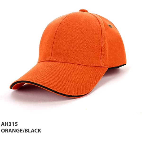 An orange and black cap featuring a simple design and a logo.