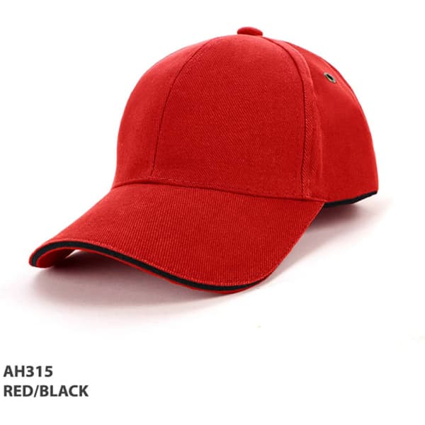 A red and black cap featuring surround piping and a logo, designed as headwear.