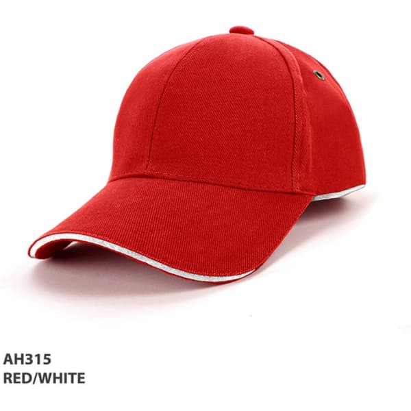 A red cap with white surround piping and a logo. The cap features a curved brim and a textured surface.