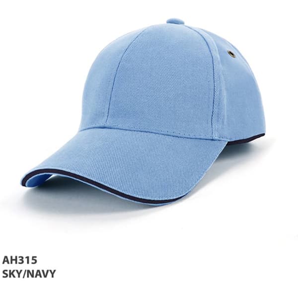 A sky blue cap with navy piping and a logo on the side.