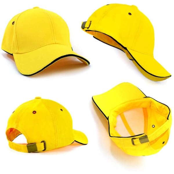 A yellow cap with surrounding black piping, featuring an adjustable strap and multiple angles displayed.